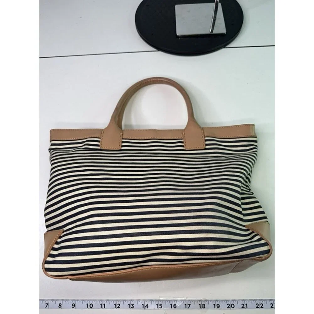 Tory Burch Tote Bag Border Canvas Shoulder White Beige Camel Brown Bag Bag Hand